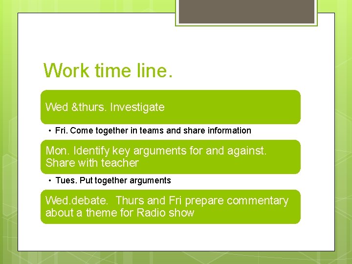 Work time line. Wed &thurs. Investigate • Fri. Come together in teams and share