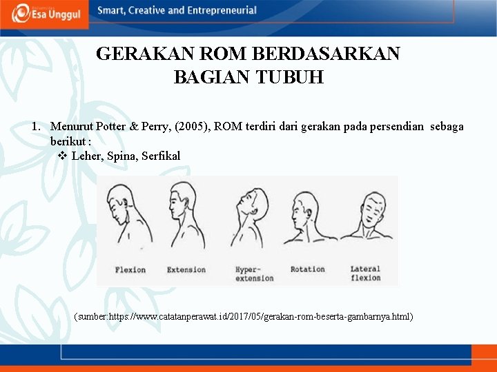 GERAKAN ROM BERDASARKAN BAGIAN TUBUH 1. Menurut Potter & Perry, (2005), ROM terdiri dari