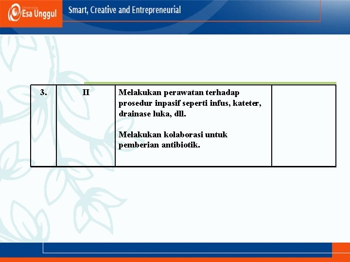 3. II Melakukan perawatan terhadap prosedur inpasif seperti infus, kateter, drainase luka, dll. Melakukan