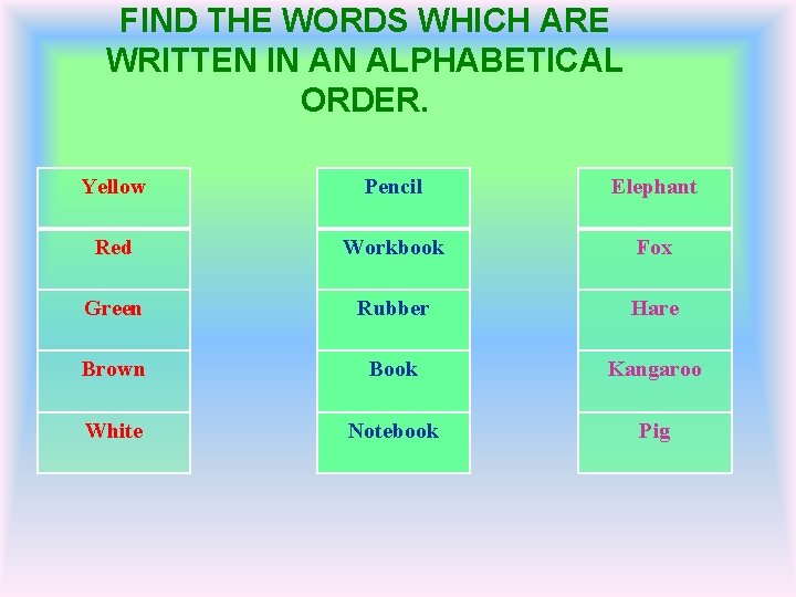 FIND THE WORDS WHICH ARE WRITTEN IN AN ALPHABETICAL ORDER. Yellow Pencil Elephant Red
