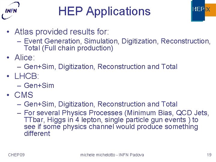 HEP Applications • Atlas provided results for: – Event Generation, Simulation, Digitization, Reconstruction, Total