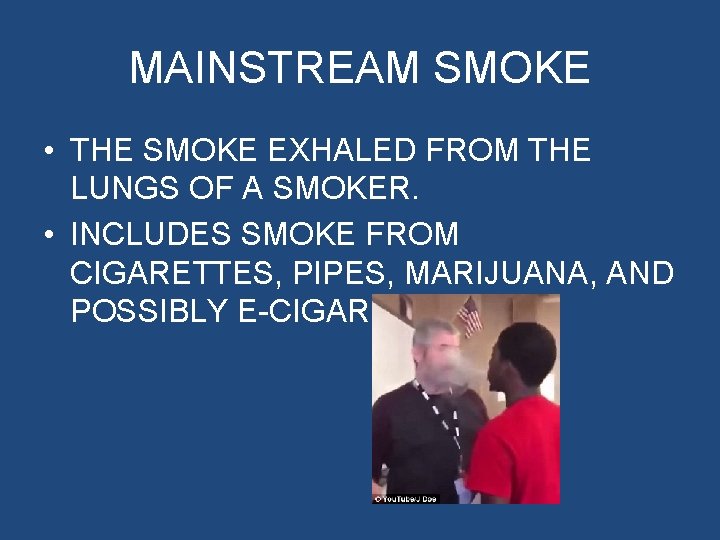 MAINSTREAM SMOKE • THE SMOKE EXHALED FROM THE LUNGS OF A SMOKER. • INCLUDES