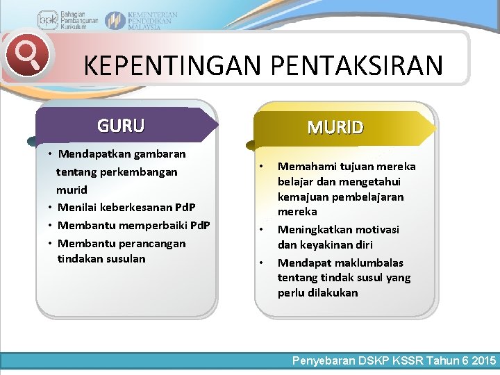 KEPENTINGAN PENTAKSIRAN GURU • Mendapatkan gambaran tentang perkembangan murid • Menilai keberkesanan Pd. P