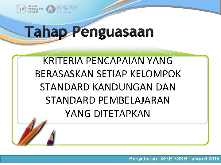 Tahap Penguasaan KRITERIA PENCAPAIAN YANG BERASASKAN SETIAP KELOMPOK STANDARD KANDUNGAN DAN STANDARD PEMBELAJARAN YANG