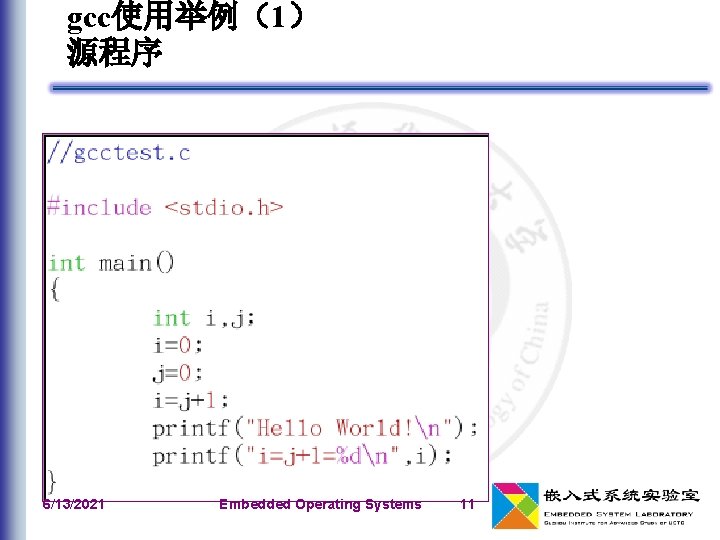 gcc使用举例（1） 源程序 6/13/2021 Embedded Operating Systems 11 