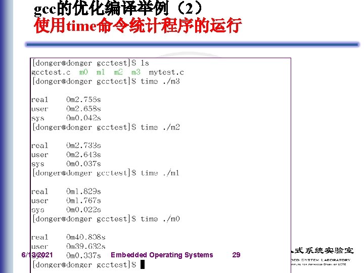 gcc的优化编译举例（2） 使用time命令统计程序的运行 6/13/2021 Embedded Operating Systems 29 