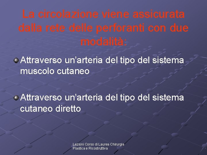 La circolazione viene assicurata dalla rete delle perforanti con due modalità: Attraverso un’arteria del La circolazione viene assicurata dalla rete delle perforanti con due modalità: Attraverso un’arteria del