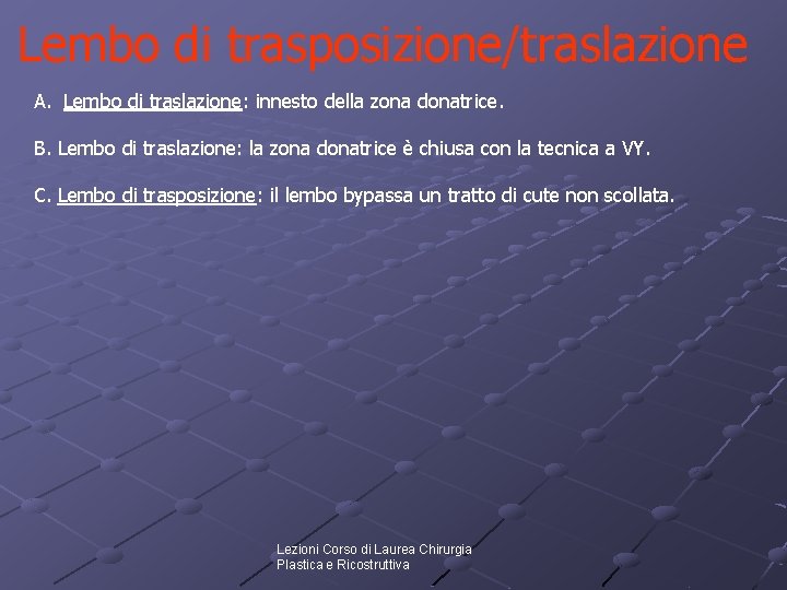 Lembo di trasposizione/traslazione A. Lembo di traslazione: innesto della zona donatrice. B. Lembo di