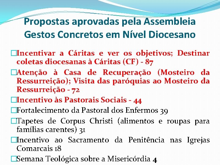 Propostas aprovadas pela Assembleia Gestos Concretos em Nível Diocesano �Incentivar a Cáritas e ver