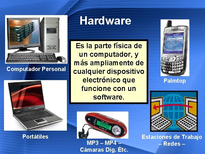 Hardware Computador Personal Portátiles Es la parte física de un computador, y más ampliamente