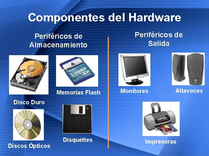 Componentes del Hardware Periféricos de Almacenamiento Memorias Flash Periféricos de Salida Monitores Altavoces Disco