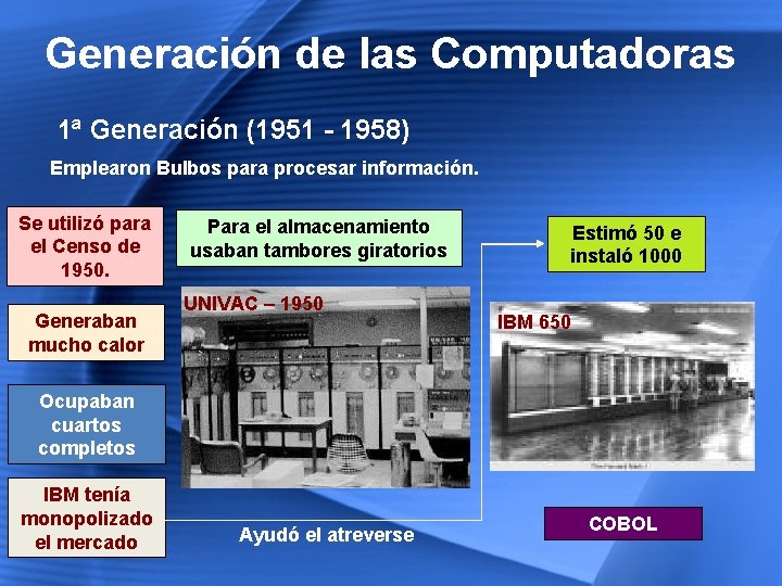 Generación de las Computadoras 1ª Generación (1951 - 1958) Emplearon Bulbos para procesar información.