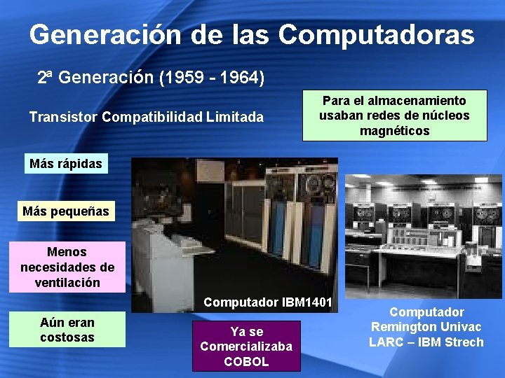 Generación de las Computadoras 2ª Generación (1959 - 1964) Transistor Compatibilidad Limitada Para el