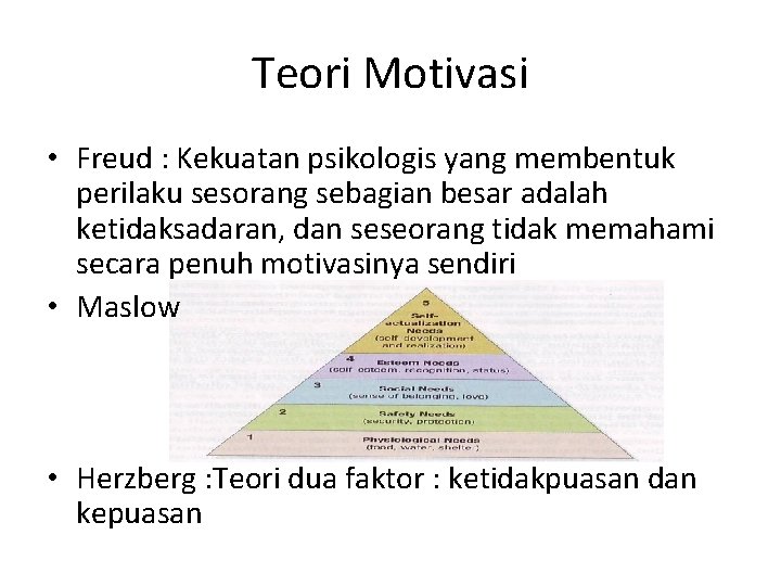 Teori Motivasi • Freud : Kekuatan psikologis yang membentuk perilaku sesorang sebagian besar adalah