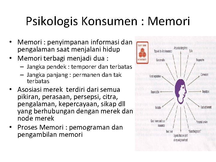 Psikologis Konsumen : Memori • Memori : penyimpanan informasi dan pengalaman saat menjalani hidup