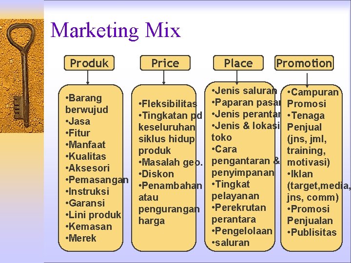 Marketing Mix Produk Price Place Promotion • Jenis saluran • Campuran • Barang •
