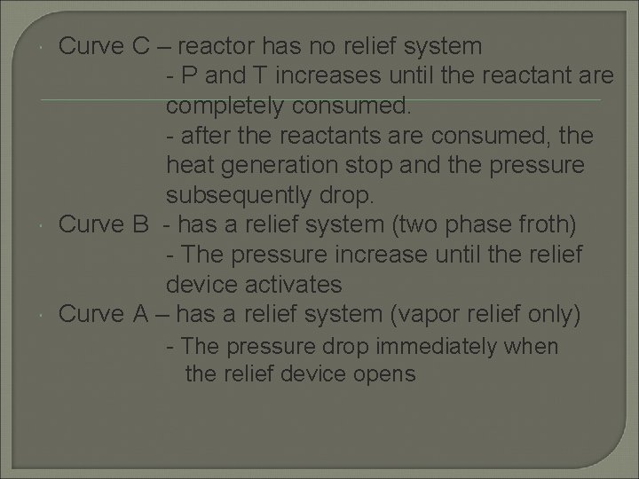  Curve C – reactor has no relief system - P and T increases