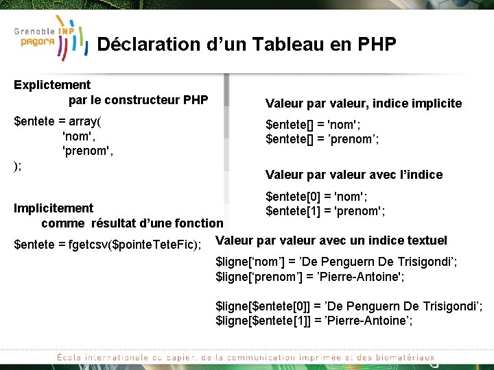 Déclaration d’un Tableau en PHP Explictement par le constructeur PHP $entete = array( 'nom',