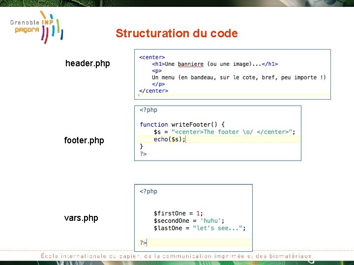 Structuration du code header. php footer. php vars. php 