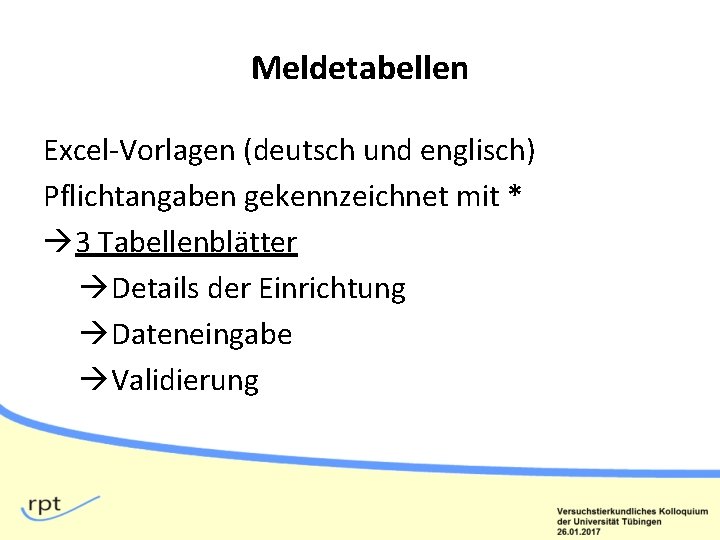 Meldetabellen Excel-Vorlagen (deutsch und englisch) Pflichtangaben gekennzeichnet mit * 3 Tabellenblätter Details der Einrichtung