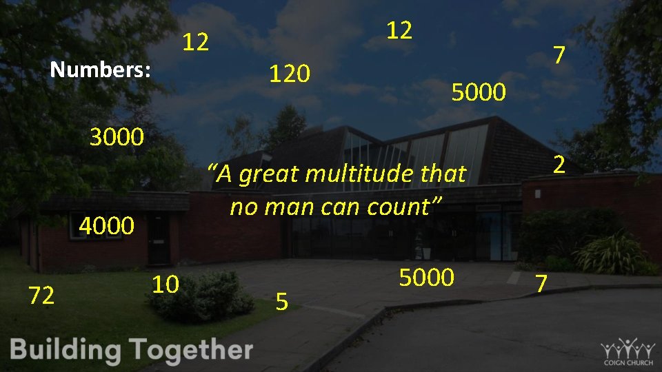 12 Numbers: 12 120 7 5000 3000 4000 72 2 “A great multitude that