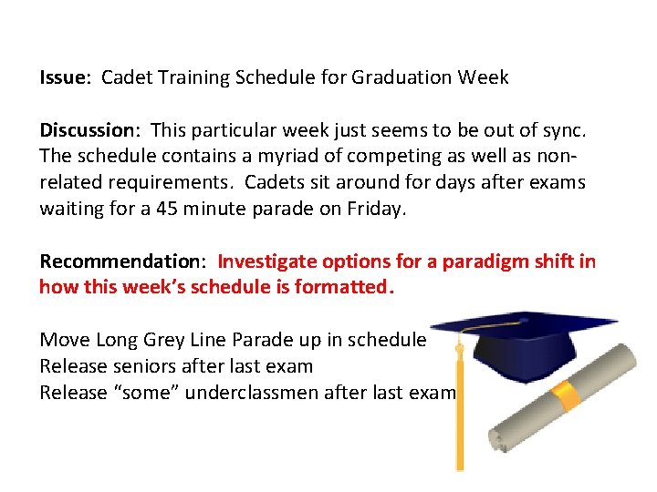 Issue: Cadet Training Schedule for Graduation Week Discussion: This particular week just seems to