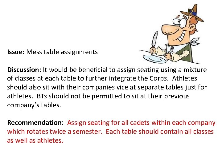 Issue: Mess table assignments Discussion: It would be beneficial to assign seating using a