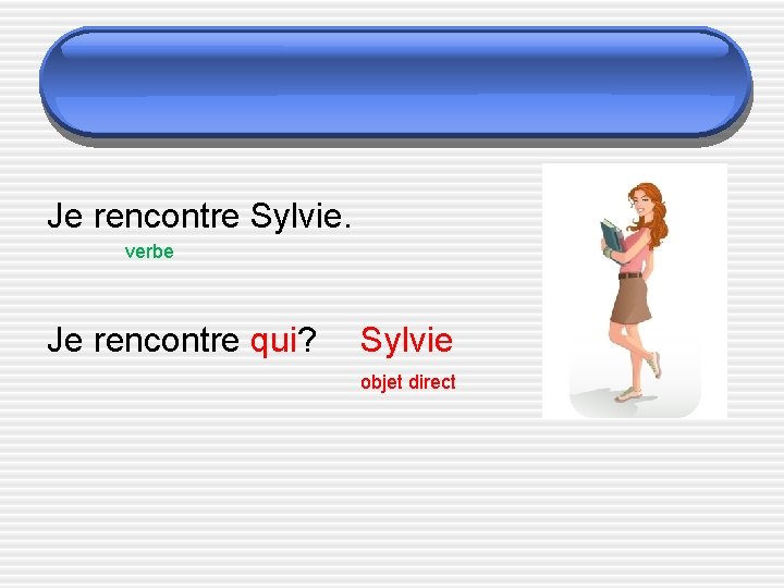 Je rencontre Sylvie. verbe Je rencontre qui? Sylvie objet direct 