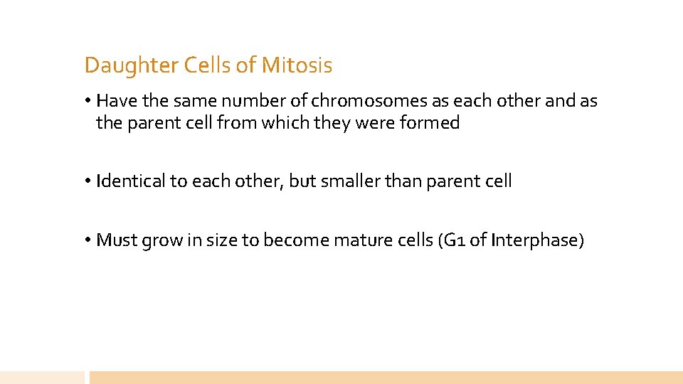 Daughter Cells of Mitosis • Have the same number of chromosomes as each other