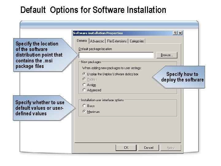 Default Options for Software Installation Specify the location of the software distribution point that