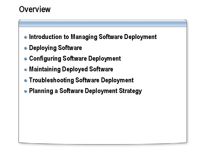 Overview Introduction to Managing Software Deployment Deploying Software Configuring Software Deployment Maintaining Deployed Software