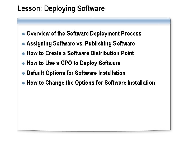 Lesson: Deploying Software Overview of the Software Deployment Process Assigning Software vs. Publishing Software