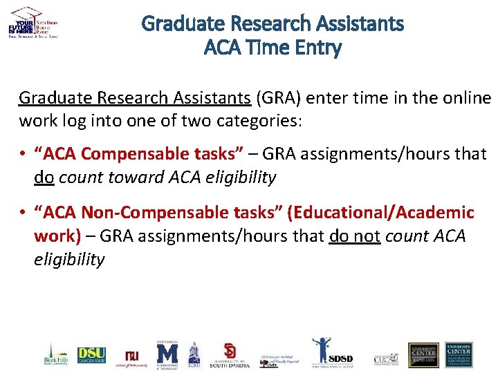 Graduate Research Assistants ACA Time Entry Graduate Research Assistants (GRA) enter time in the