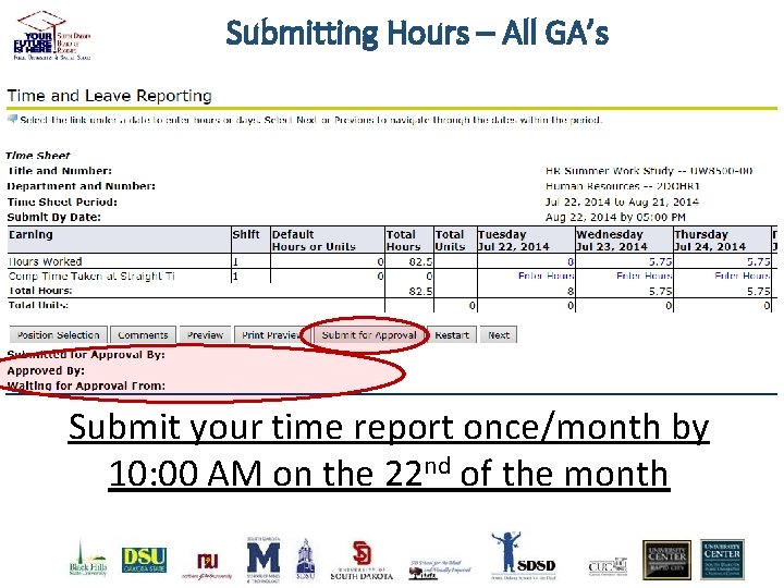 Submitting Hours – All GA’s Submit your time report once/month by 10: 00 AM