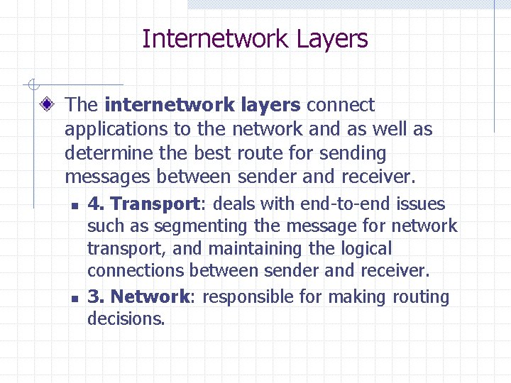 Internetwork Layers The internetwork layers connect applications to the network and as well as