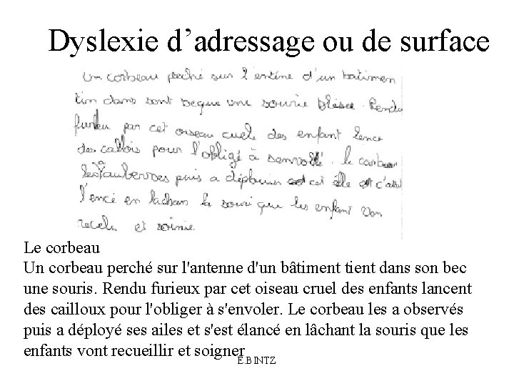 Dyslexie d’adressage ou de surface Le corbeau Un corbeau perché sur l'antenne d'un bâtiment