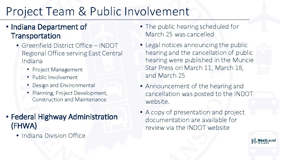 Project Team & Public Involvement • Indiana Department of Transportation • Greenfield District Office