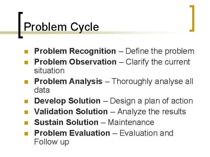 Problem Cycle n n n n Problem Recognition – Define the problem Problem Observation