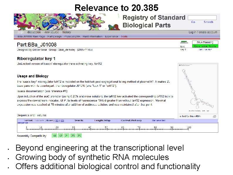 Relevance to 20. 385 • • • Beyond engineering at the transcriptional level Growing