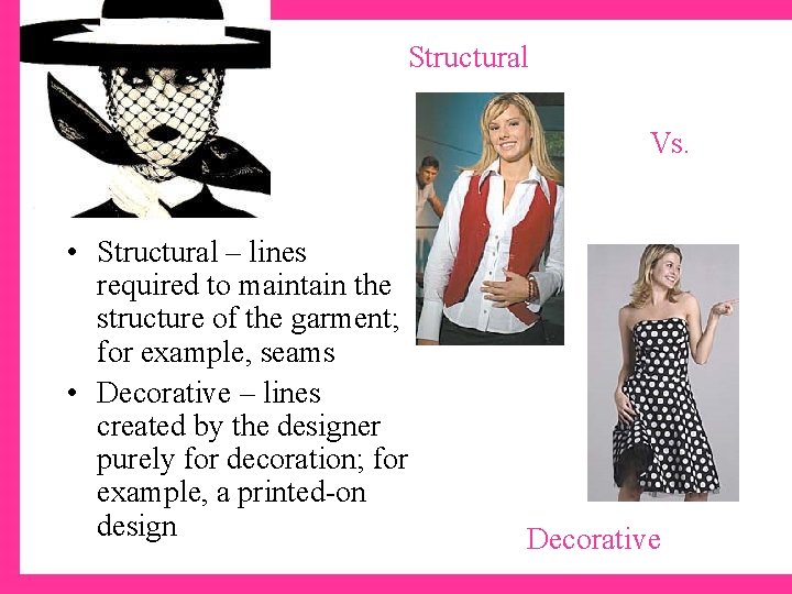 Structural Vs. • Structural – lines required to maintain the structure of the garment;