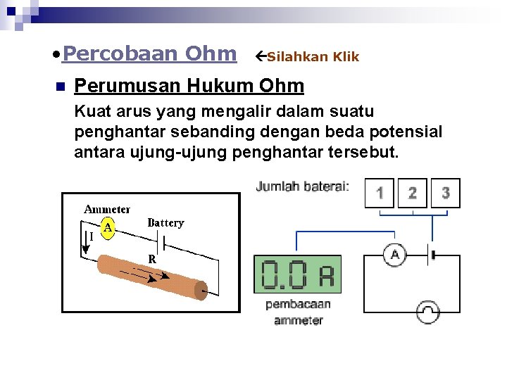  • Percobaan Ohm n Silahkan Klik Perumusan Hukum Ohm Kuat arus yang mengalir