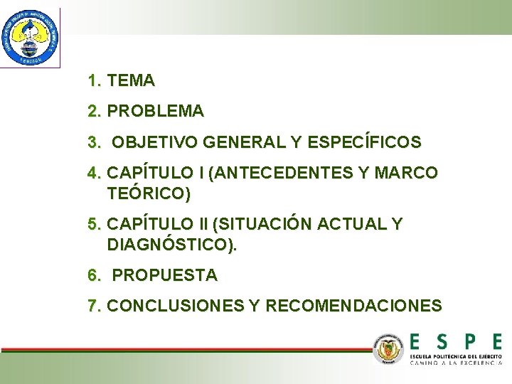 1. TEMA 2. PROBLEMA 3. OBJETIVO GENERAL Y ESPECÍFICOS 4. CAPÍTULO I (ANTECEDENTES Y