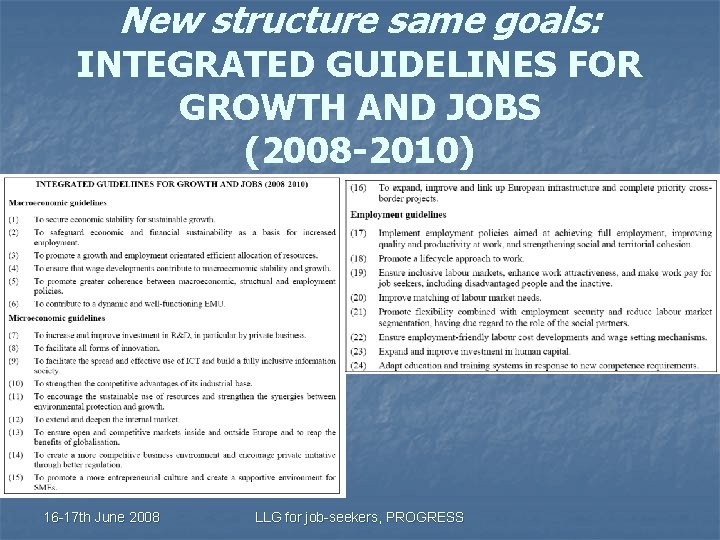 New structure same goals: INTEGRATED GUIDELINES FOR GROWTH AND JOBS (2008 -2010) 16 -17