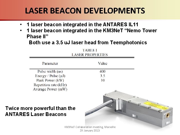 LASER BEACON DEVELOPMENTS • 1 laser beacon integrated in the ANTARES IL 11 •