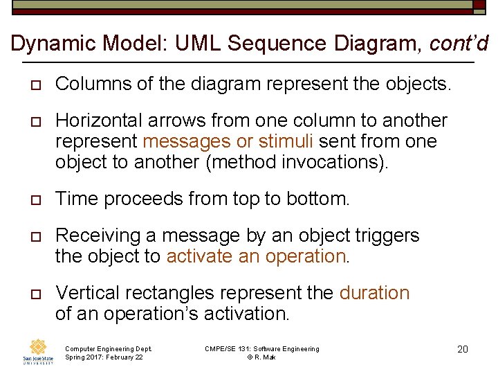 Dynamic Model: UML Sequence Diagram, cont’d o Columns of the diagram represent the objects.