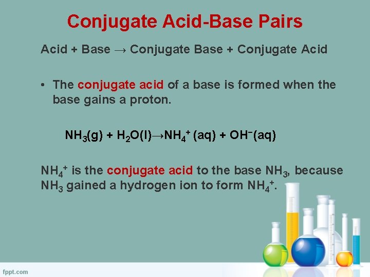Conjugate Acid-Base Pairs Acid + Base → Conjugate Base + Conjugate Acid • The