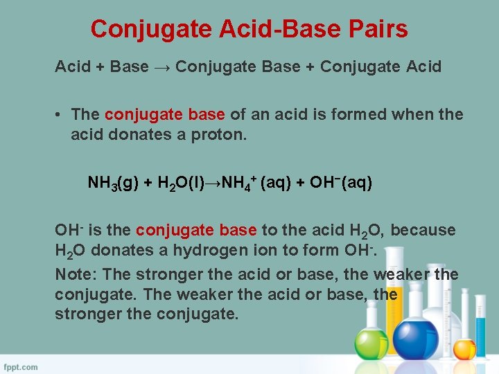 Conjugate Acid-Base Pairs Acid + Base → Conjugate Base + Conjugate Acid • The