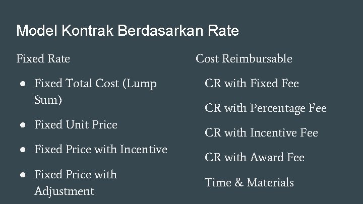 Model Kontrak Berdasarkan Rate Fixed Rate ● Fixed Total Cost (Lump Sum) ● Fixed