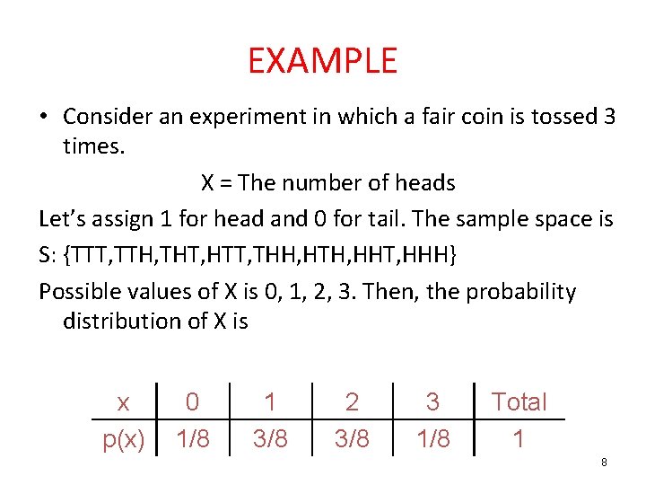 EXAMPLE • Consider an experiment in which a fair coin is tossed 3 times.