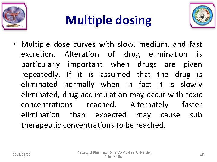 Multiple dosing • Multiple dose curves with slow, medium, and fast excretion. Alteration of
